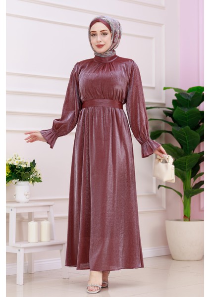 Kolu Volanlı Simli Alya Abiye-Bordo