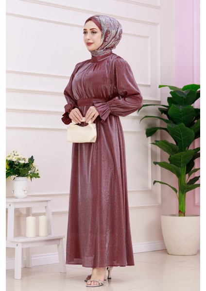 Kolu Volanlı Simli Alya Abiye-Bordo modelleri