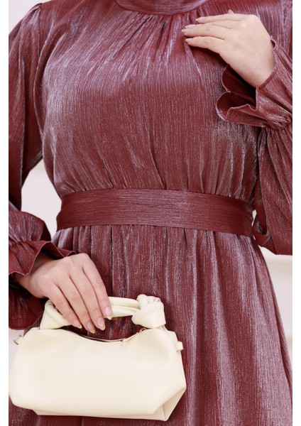 Kolu Volanlı Simli Alya Abiye-Bordo fırsatları