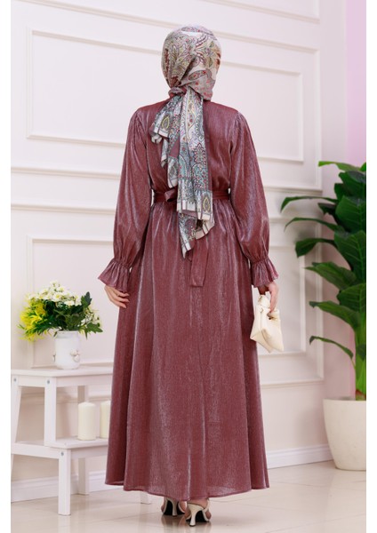 Kolu Volanlı Simli Alya Abiye-Bordo indirimleri