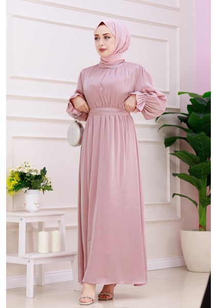 Kolu Volanlı Simli Alya Abiye-Pembe