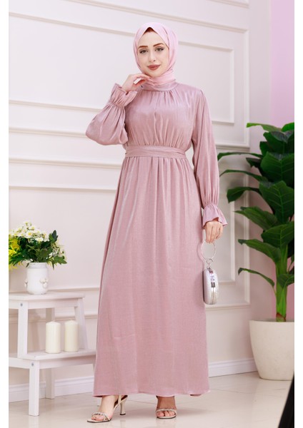 Kolu Volanlı Simli Alya Abiye-Pembe