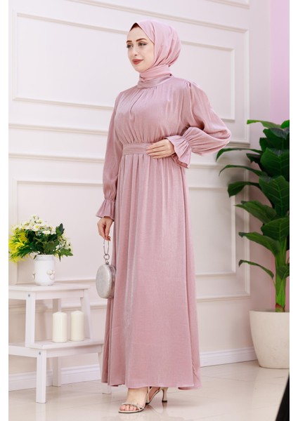 Kolu Volanlı Simli Alya Abiye-Pembe