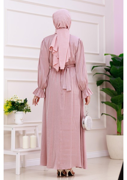 Kolu Volanlı Simli Alya Abiye-Pembe