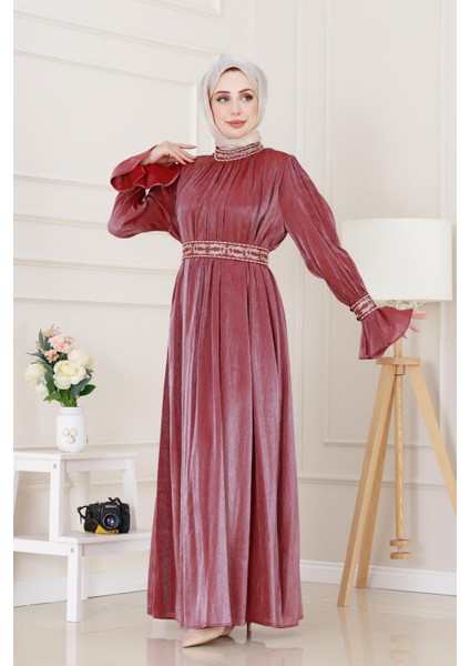 Kolu Volanlı Nakış Detaylı Abiye-Bordo fiyatları