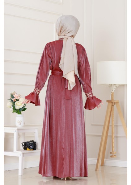 Kolu Volanlı Nakış Detaylı Abiye-Bordo indirimleri