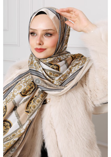 Versace Desenli Hint Ipeği Şal-Krem