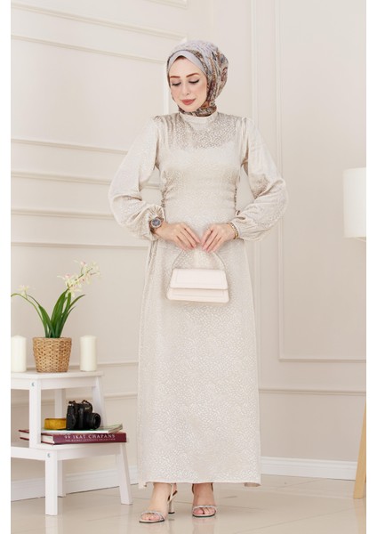 Banu Yanı Bağcıklı Saten Abiye-Bej