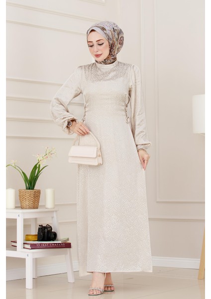 Banu Yanı Bağcıklı Saten Abiye-Bej fiyatları