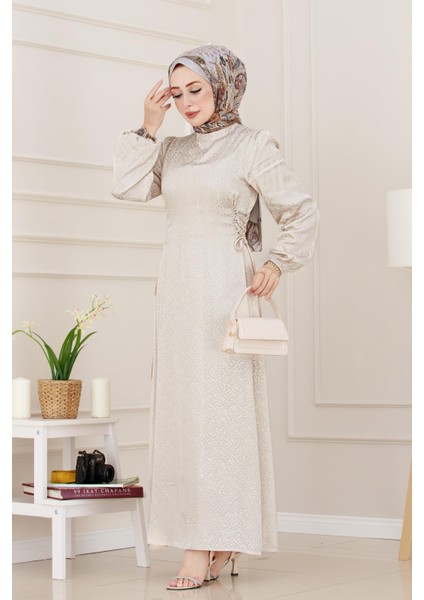 Banu Yanı Bağcıklı Saten Abiye-Bej modelleri