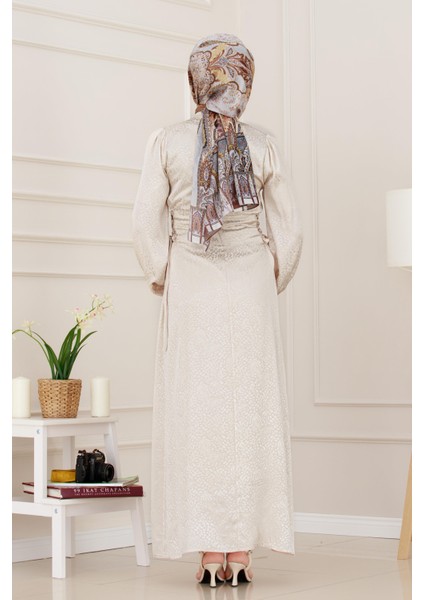 Banu Yanı Bağcıklı Saten Abiye-Bej indirimleri