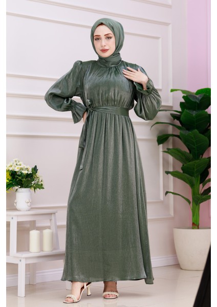 Kolu Volanlı Simli Alya Abiye-Yeşil