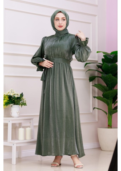Kolu Volanlı Simli Alya Abiye-Yeşil