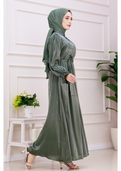 Kolu Volanlı Simli Alya Abiye-Yeşil