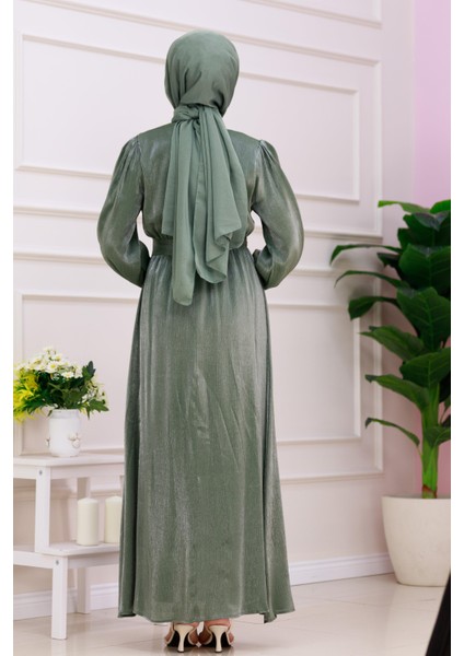 Kolu Volanlı Simli Alya Abiye-Yeşil