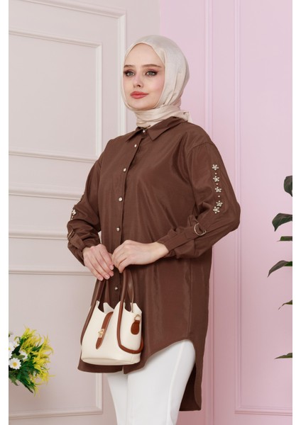 Kolu Çakım Detaylı Tunik-Kahverengi
