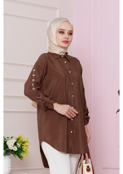 Kolu Çakım Detaylı Tunik-Kahverengi