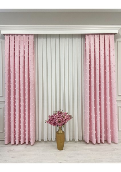 Şeker Pembe Renk Ponponlu Pufy Fon Perde 1/3 Sık Pile fırsatları