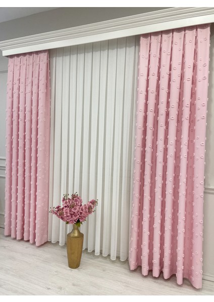 Şeker Pembe Renk Ponponlu Pufy Fon Perde 1/3 Sık Pile indirimleri