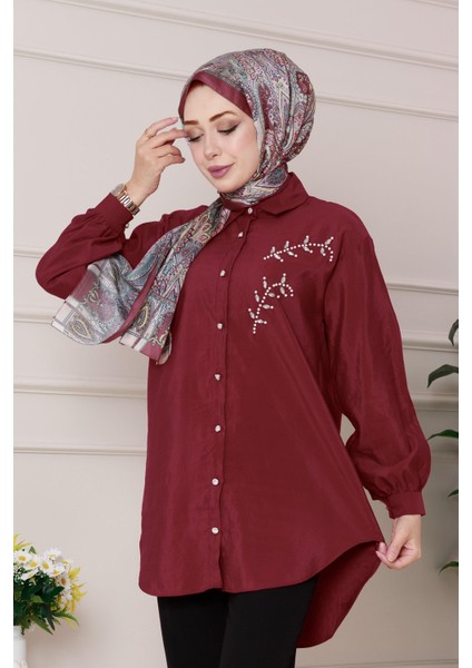 Önü Inci Taş Işlemeli Tunik-Bordo
