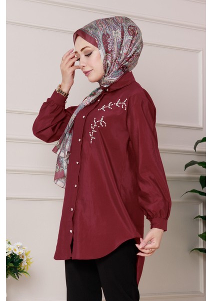 Önü Inci Taş Işlemeli Tunik-Bordo