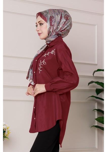 Önü Inci Taş Işlemeli Tunik-Bordo