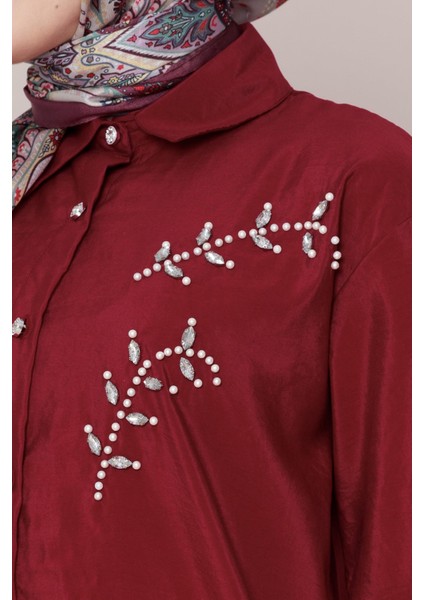 Önü Inci Taş Işlemeli Tunik-Bordo