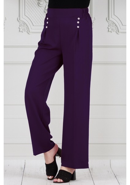 Pile Detaylı Üç Düğmeli Pantolon-Mor
