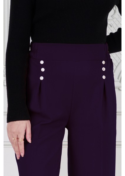Pile Detaylı Üç Düğmeli Pantolon-Mor