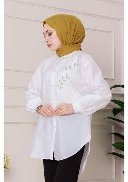 Önü Inci Taş Işlemeli Tunik-Beyaz