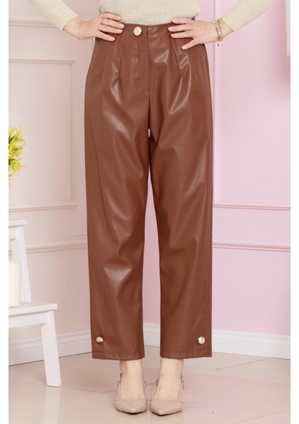 Düğme Detaylı Deri Pantolon-Taba