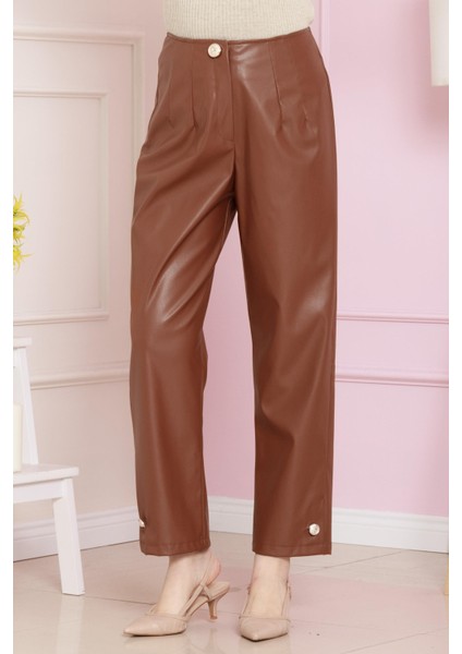 Düğme Detaylı Deri Pantolon-Taba fiyatları