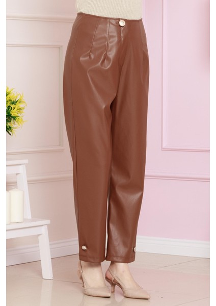 Düğme Detaylı Deri Pantolon-Taba modelleri