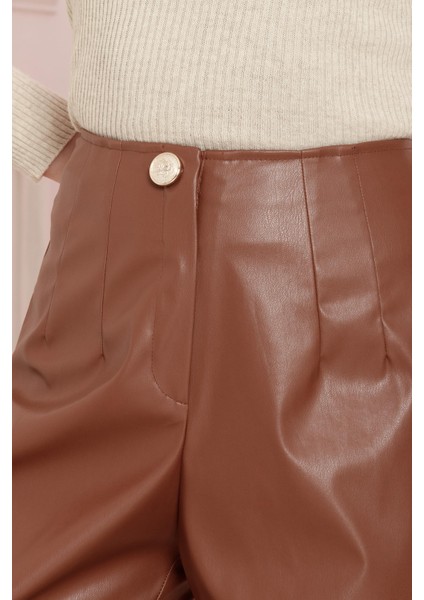 Düğme Detaylı Deri Pantolon-Taba fırsatları