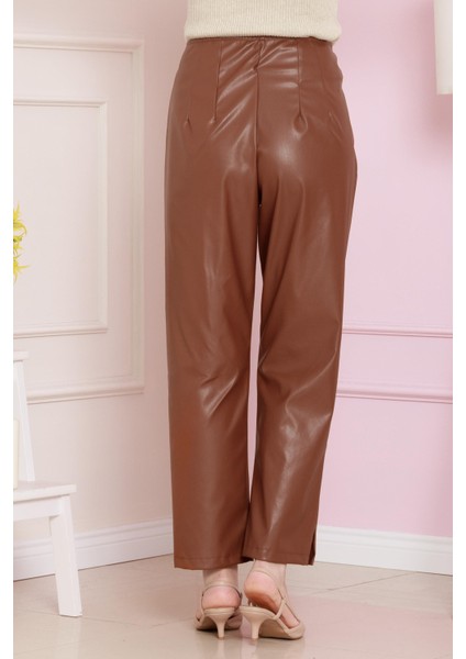 Düğme Detaylı Deri Pantolon-Taba indirimleri