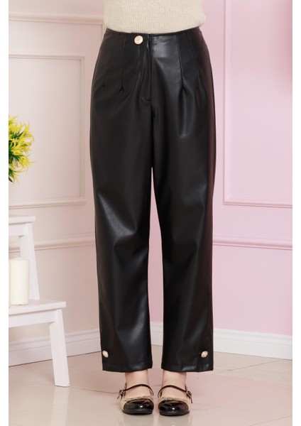 Düğme Detaylı Deri Pantolon-Siyah