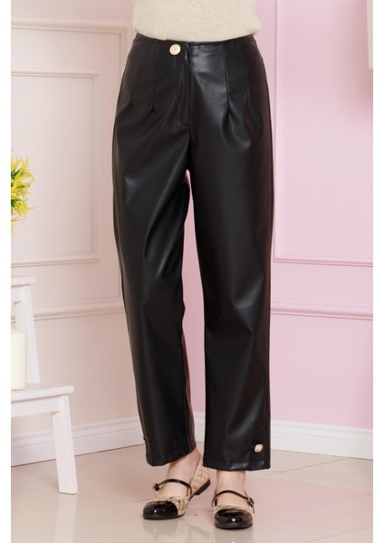 Düğme Detaylı Deri Pantolon-Siyah fiyatları