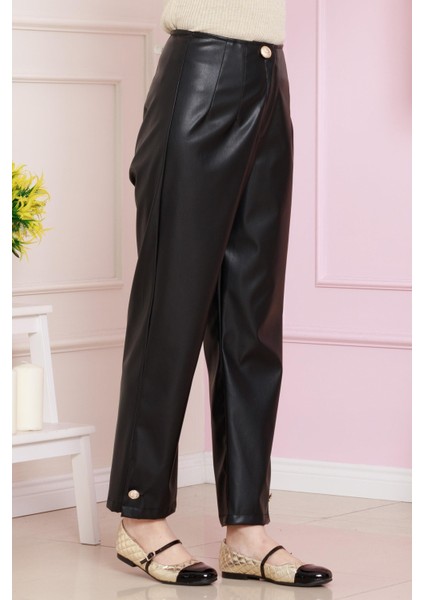 Düğme Detaylı Deri Pantolon-Siyah modelleri