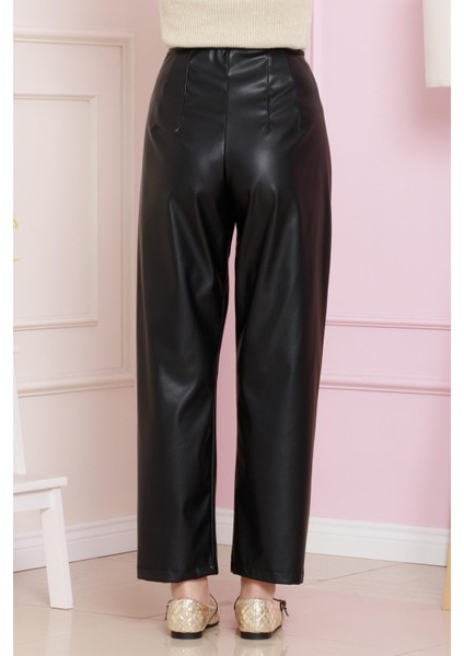 Düğme Detaylı Deri Pantolon-Siyah indirimleri