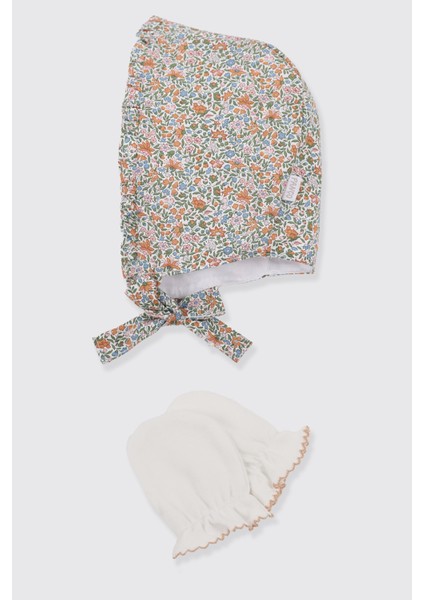 Liberty Kumaş Çiçek Desenli Yenidoğan Şapka-Eldiven Seti
