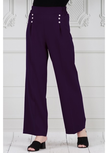 Pile Detaylı Üç Düğmeli Pantolon-Mor
