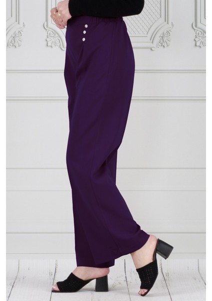 Pile Detaylı Üç Düğmeli Pantolon-Mor indirimleri