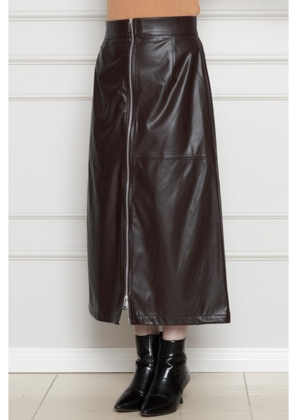 Önü Fermuar Detaylı Deri Etek-Kahverengi fiyatları