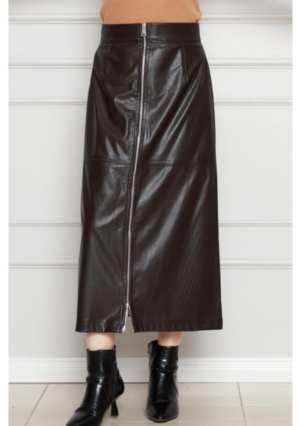 Önü Fermuar Detaylı Deri Etek-Kahverengi modelleri