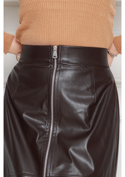 Önü Fermuar Detaylı Deri Etek-Kahverengi fırsatları