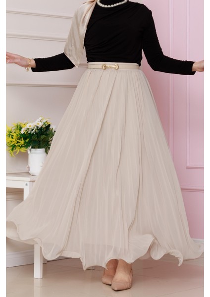 Piliseli Şifon Etek-Bej