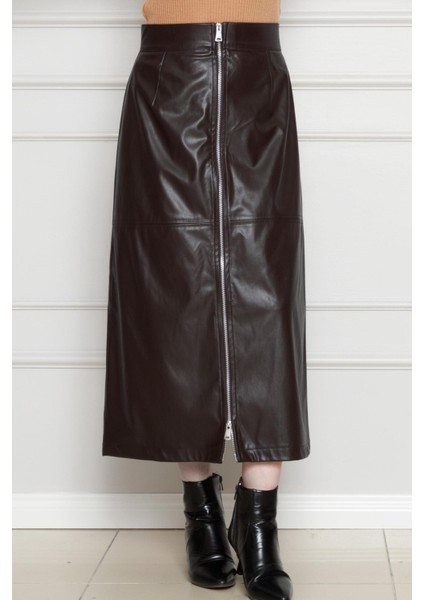 Önü Fermuar Detaylı Deri Etek-Kahverengi