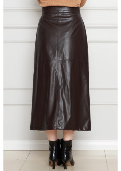 Önü Fermuar Detaylı Deri Etek-Kahverengi indirimleri
