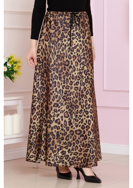 Beli Bağcıklı Leopar Desenli Etek-Hardal