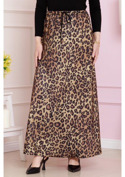 Beli Bağcıklı Leopar Desenli Etek-Hardal